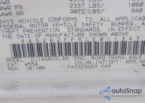 2012 Mitsubishi Galant Fe из США, поврежденный, VIN 4A32B2FF5CE011347